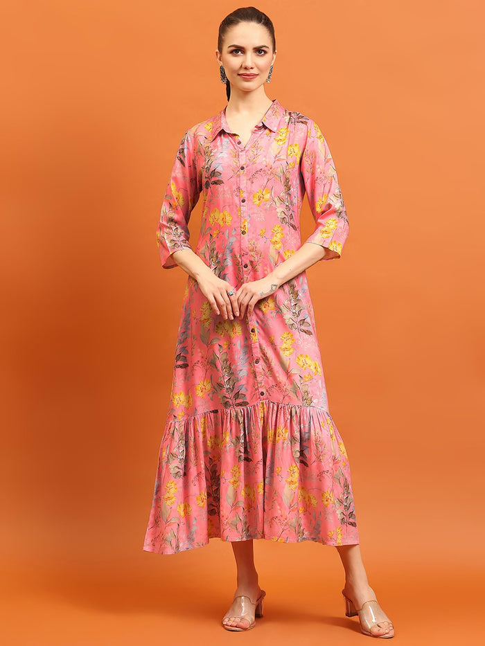 Women Pink Liva Rayon Floral Printed Dress.