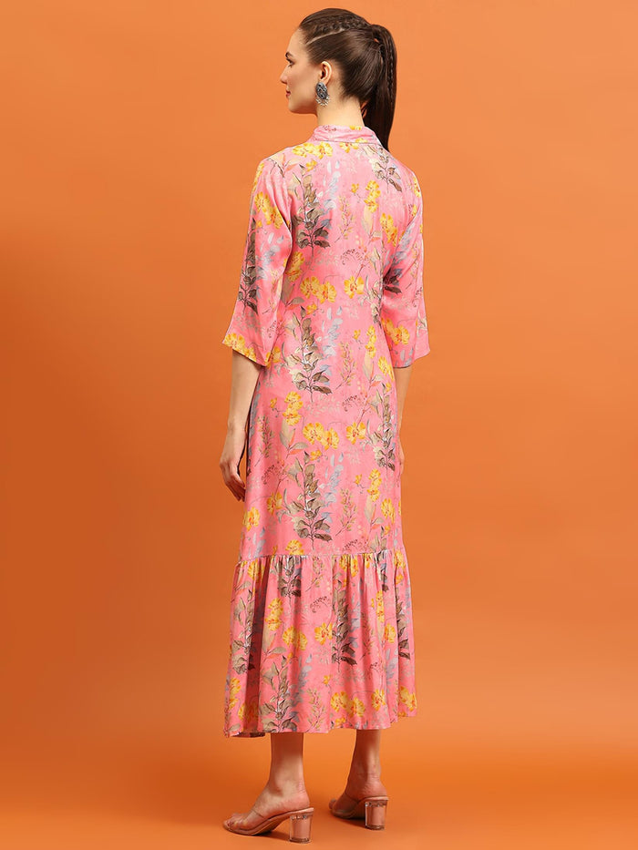 Women Pink Liva Rayon Floral Printed Dress.