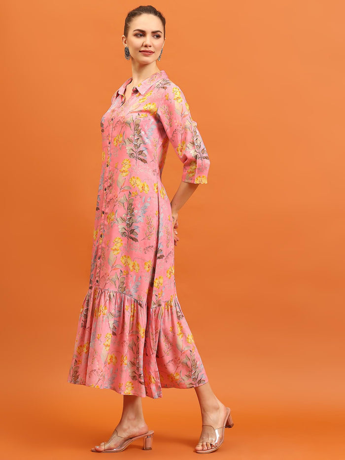 Women Pink Liva Rayon Floral Printed Dress.