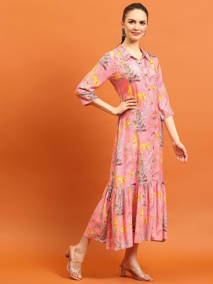 Women Pink Liva Rayon Floral Printed Dress.