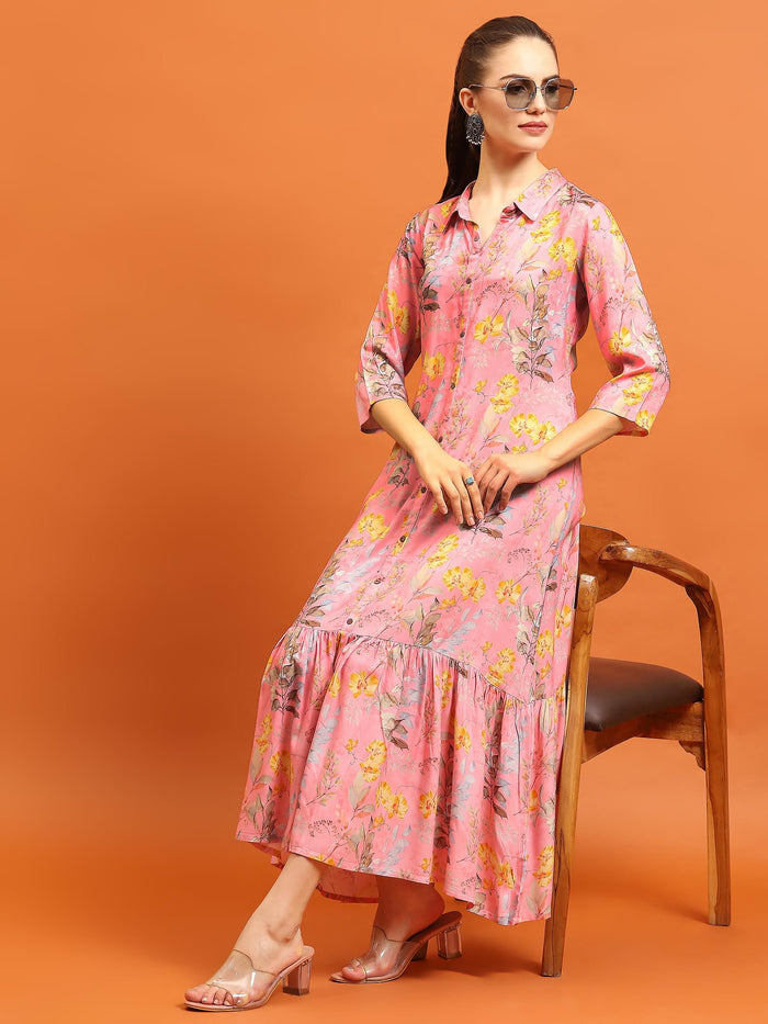 Women Pink Liva Rayon Floral Printed Dress.