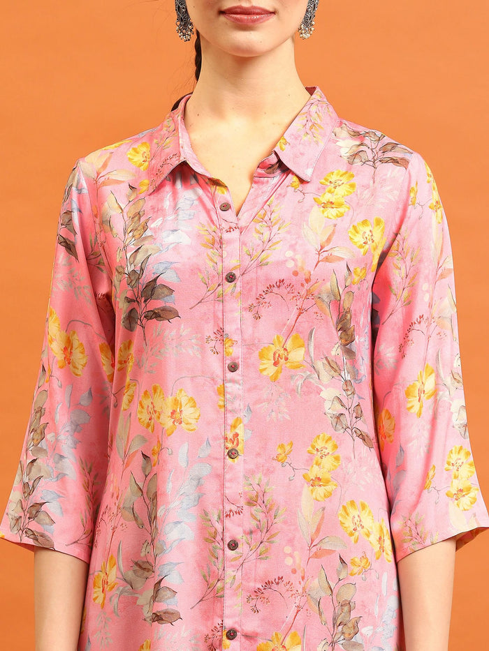 Women Pink Liva Rayon Floral Printed Dress.