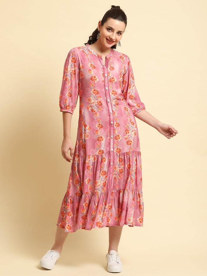 Women Pink Mandarin Collar Dress.