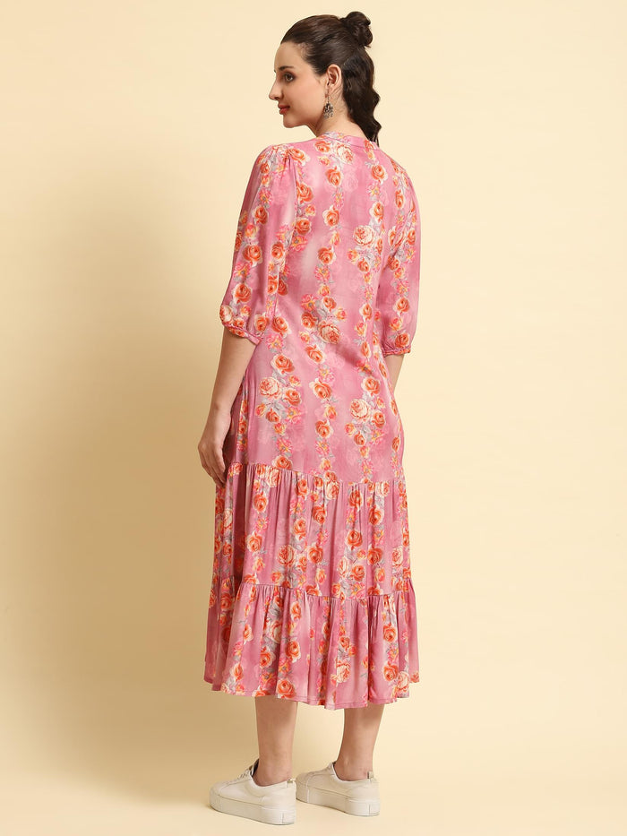 Women Pink Mandarin Collar Dress.