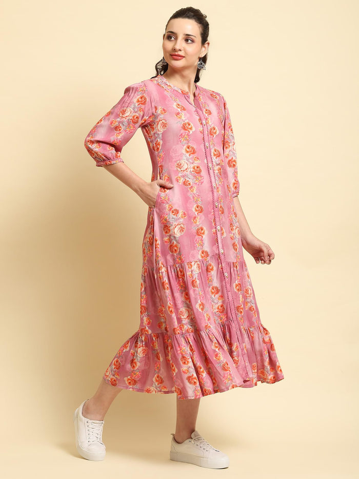 Women Pink Mandarin Collar Dress.