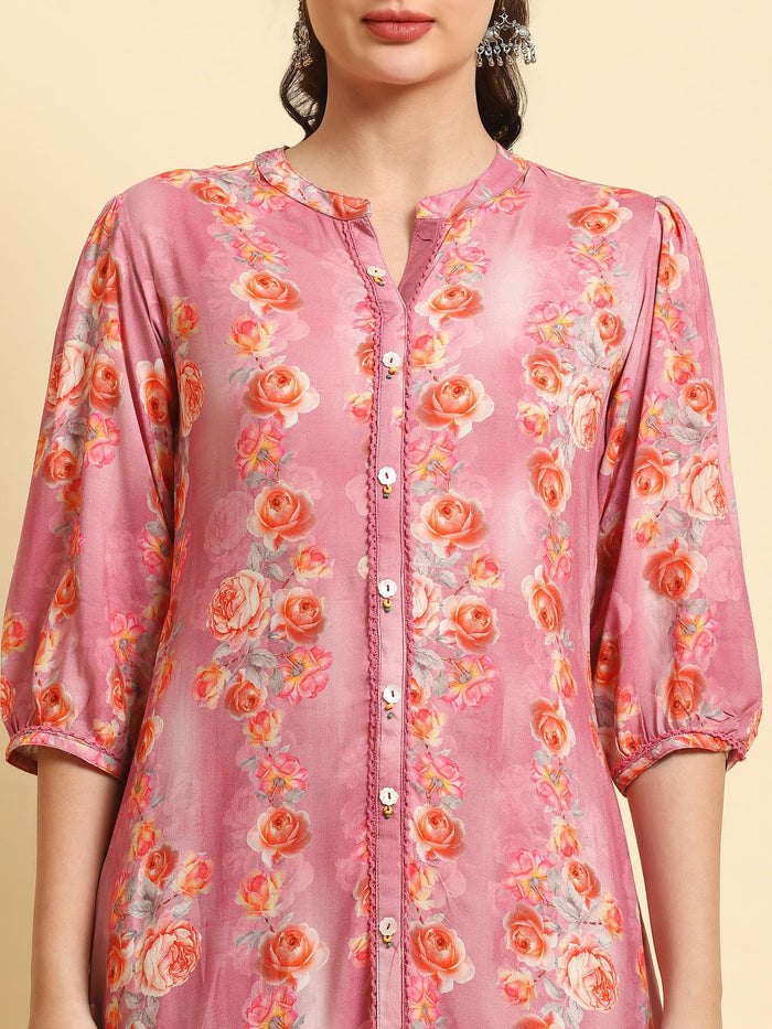 Women Pink Mandarin Collar Dress.