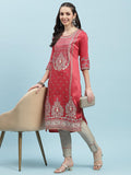 Women Pink Ornamental Print Kurta.