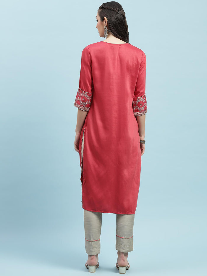Women Pink Ornamental Print Kurta.