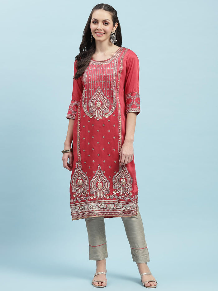 Women Pink Ornamental Print Kurta.