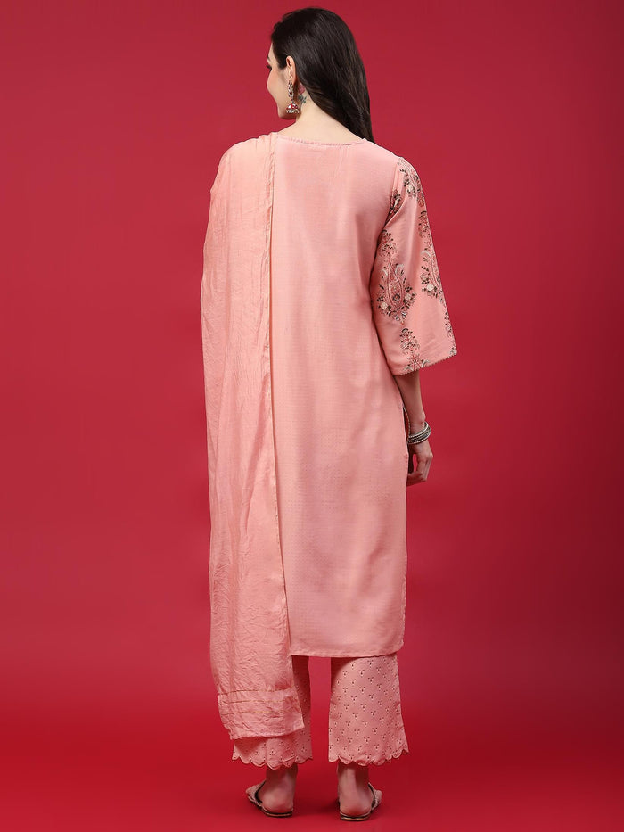 Women Pink Ornamental Printed Kurta Comfort Pant Dupatta.