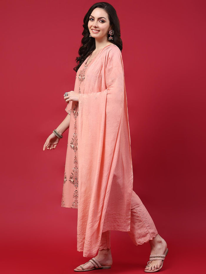 Women Pink Ornamental Printed Kurta Comfort Pant Dupatta.