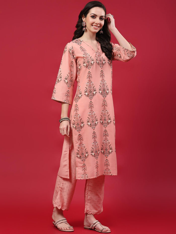 Women Pink Ornamental Printed Kurta Comfort Pant Dupatta.
