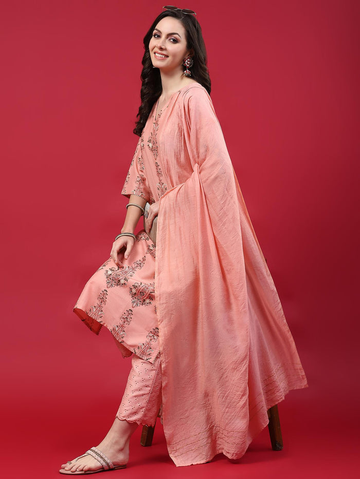 Women Pink Ornamental Printed Kurta Comfort Pant Dupatta.