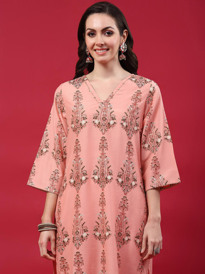 Women Pink Ornamental Printed Kurta Comfort Pant Dupatta.