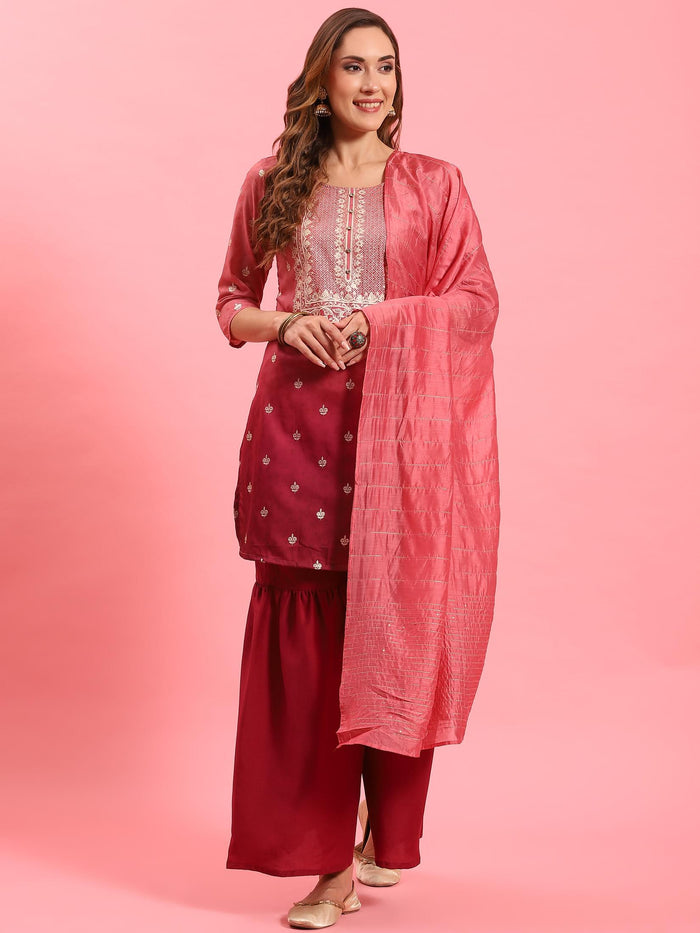 Women Pink Ornamental Printed Kurta Sharara Dupatta.