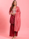 Women Pink Ornamental Printed Kurta Sharara Dupatta.