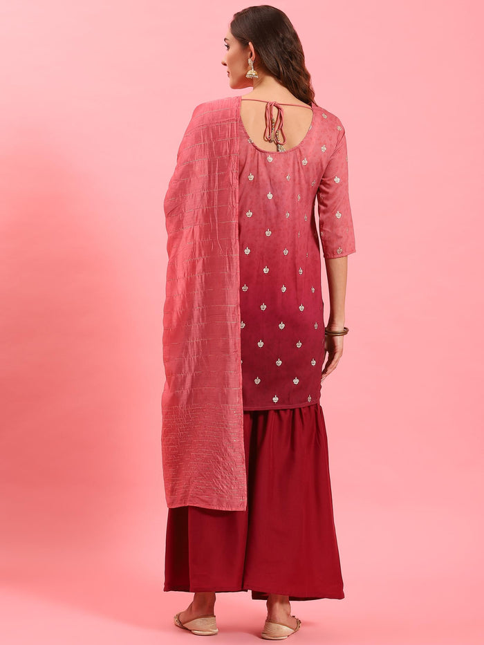 Women Pink Ornamental Printed Kurta Sharara Dupatta.