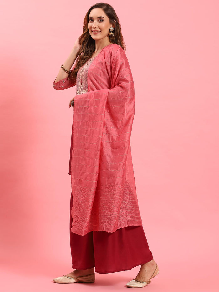 Women Pink Ornamental Printed Kurta Sharara Dupatta.