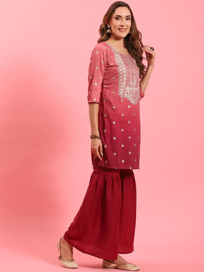 Women Pink Ornamental Printed Kurta Sharara Dupatta.