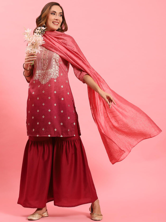 Women Pink Ornamental Printed Kurta Sharara Dupatta.