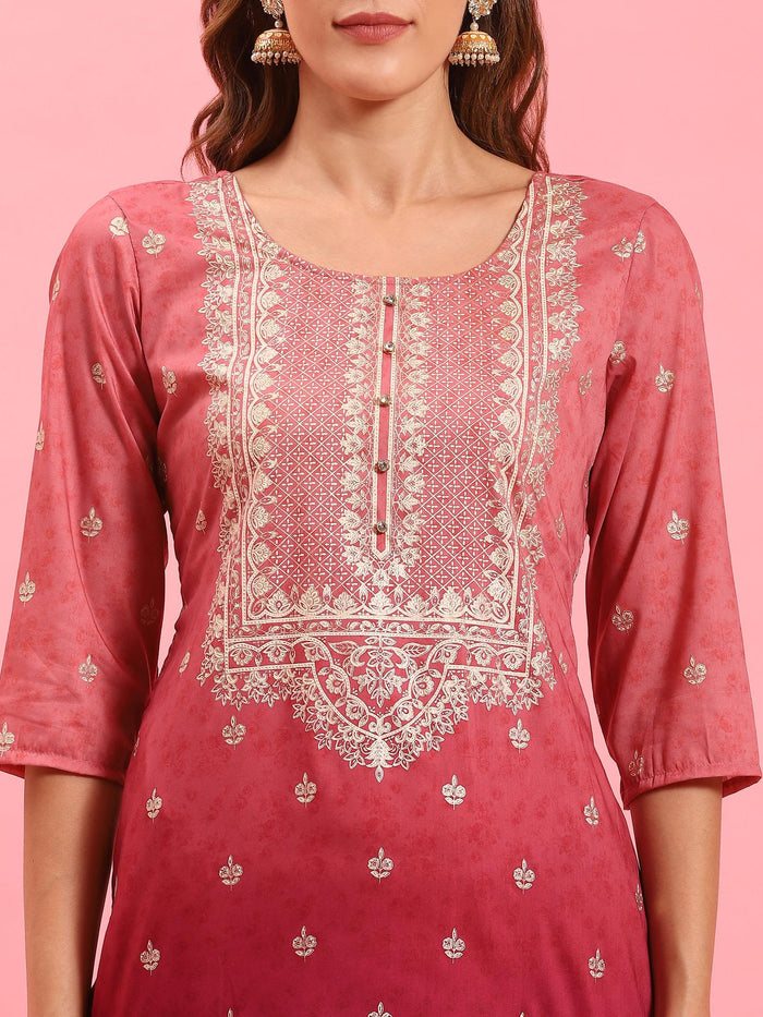 Women Pink Ornamental Printed Kurta Sharara Dupatta.