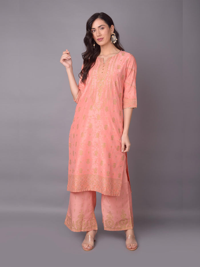 Women Pink Ornamental Printed Kurta With Wide Leg Pant.