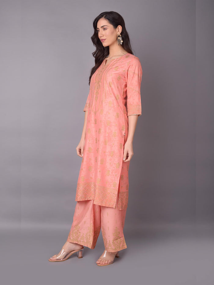 Women Pink Ornamental Printed Kurta With Wide Leg Pant.