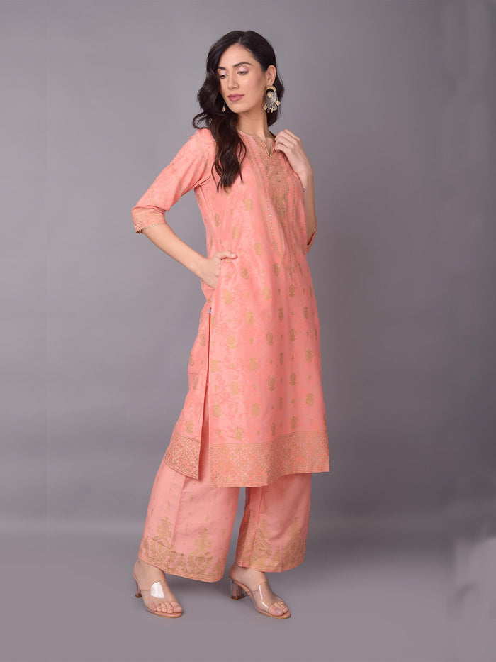 Women Pink Ornamental Printed Kurta With Wide Leg Pant.