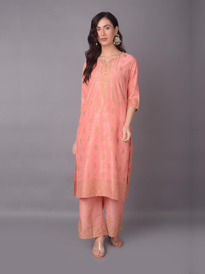 Women Pink Ornamental Printed Kurta With Wide Leg Pant.