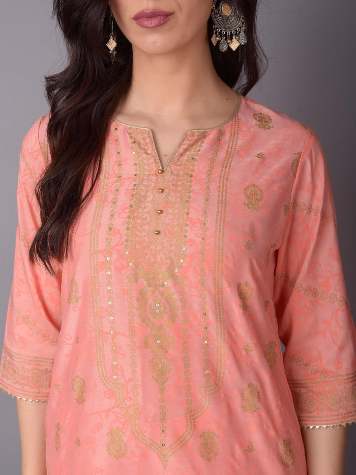 Women Pink Ornamental Printed Kurta With Wide Leg Pant.