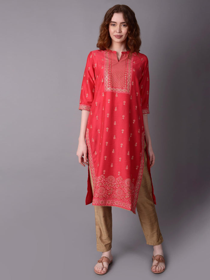 Women Pink Ornamental Printed Kurta.