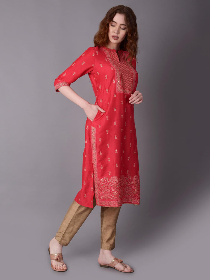 Women Pink Ornamental Printed Kurta.