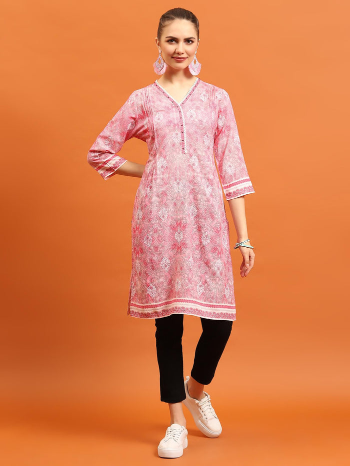 Women Pink Ornamental Printed Kurti.