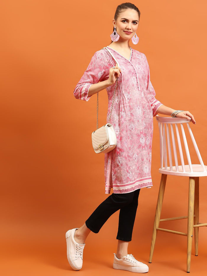 Women Pink Ornamental Printed Kurti.