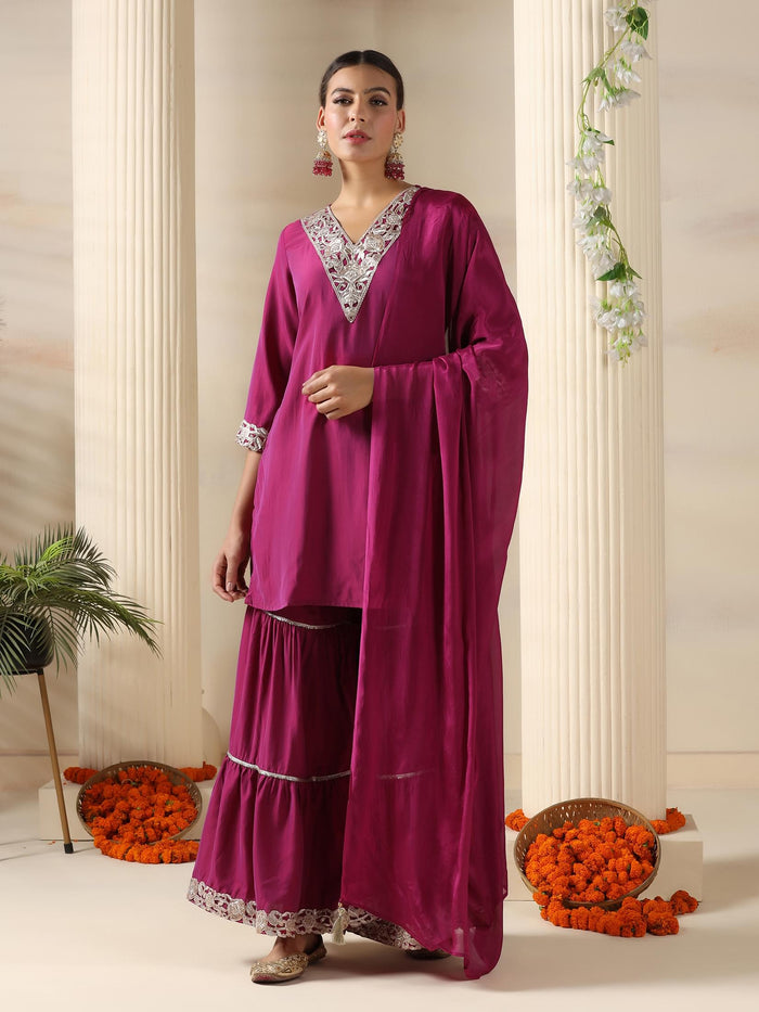 Women Pink Poly Viscose Solid Kurta Sharara Dupatta.