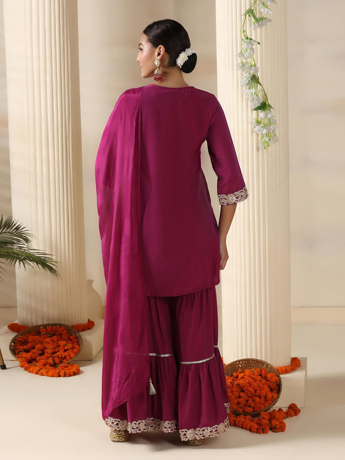 Women Pink Poly Viscose Solid Kurta Sharara Dupatta.