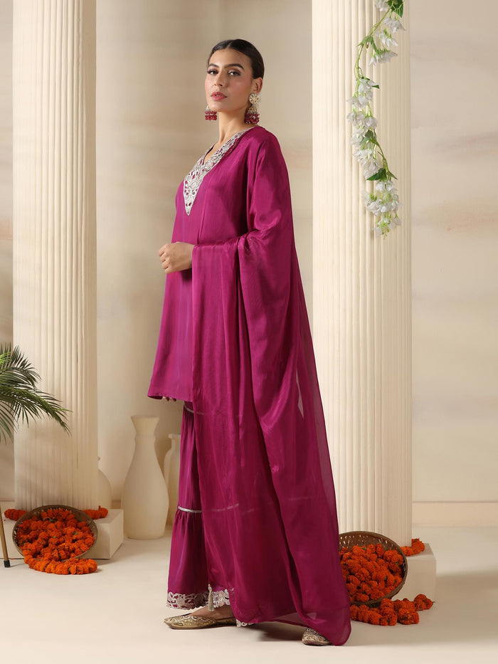 Women Pink Poly Viscose Solid Kurta Sharara Dupatta.