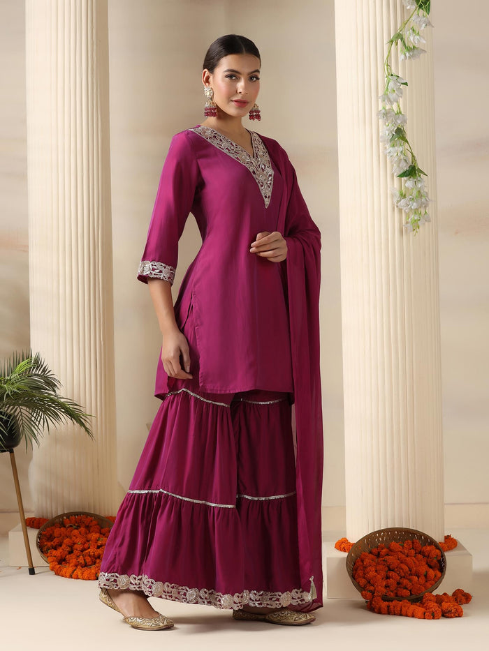 Women Pink Poly Viscose Solid Kurta Sharara Dupatta.