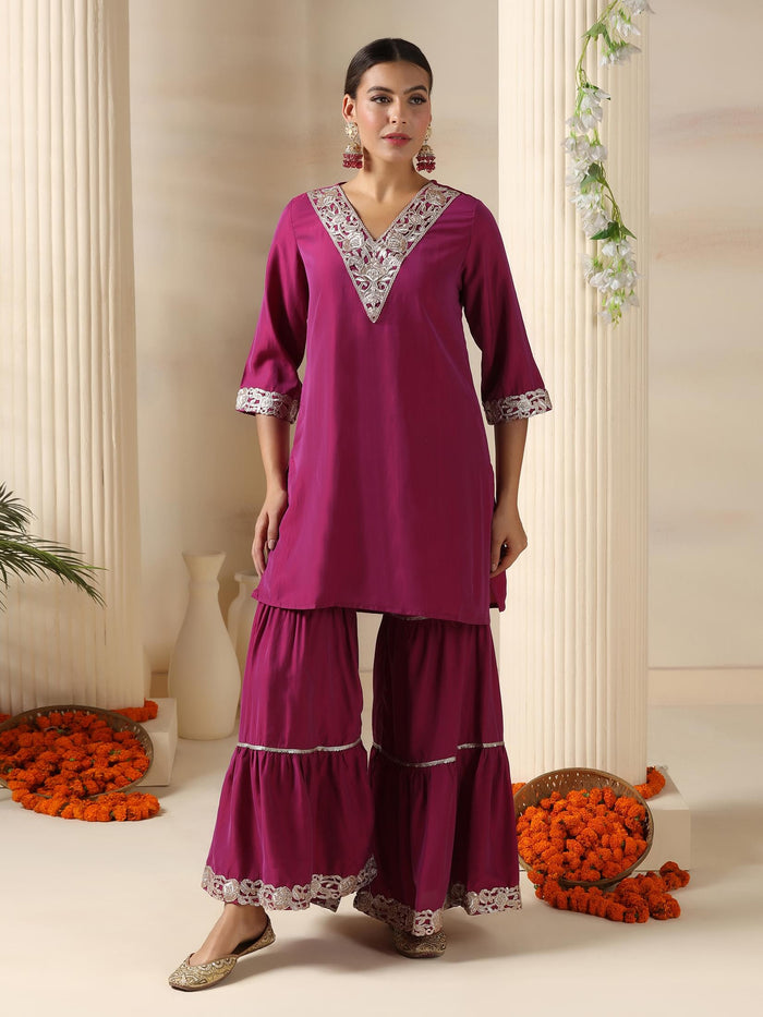 Women Pink Poly Viscose Solid Kurta Sharara Dupatta.