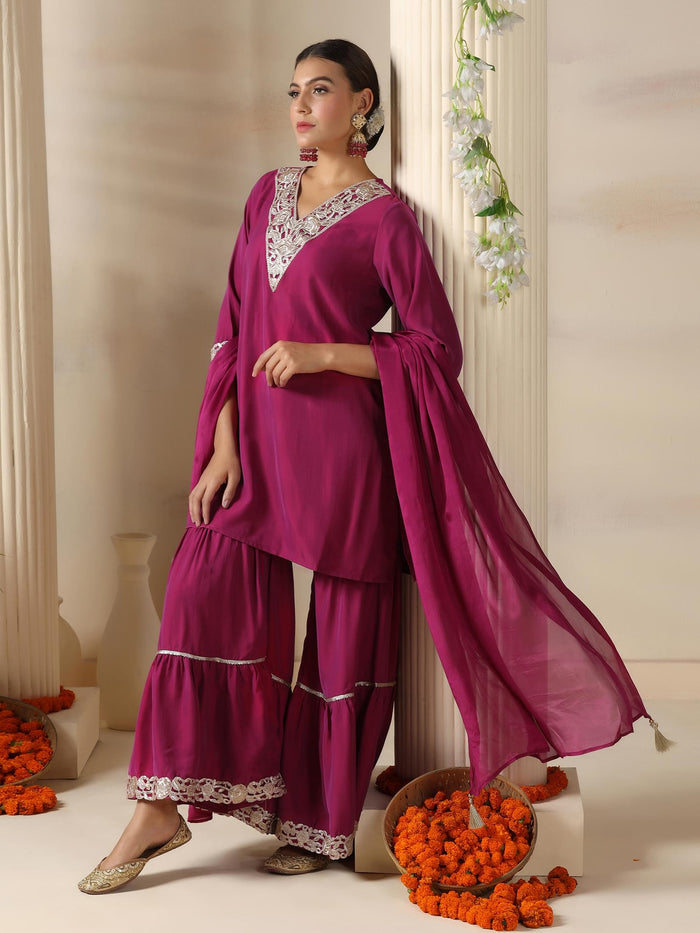 Women Pink Poly Viscose Solid Kurta Sharara Dupatta.