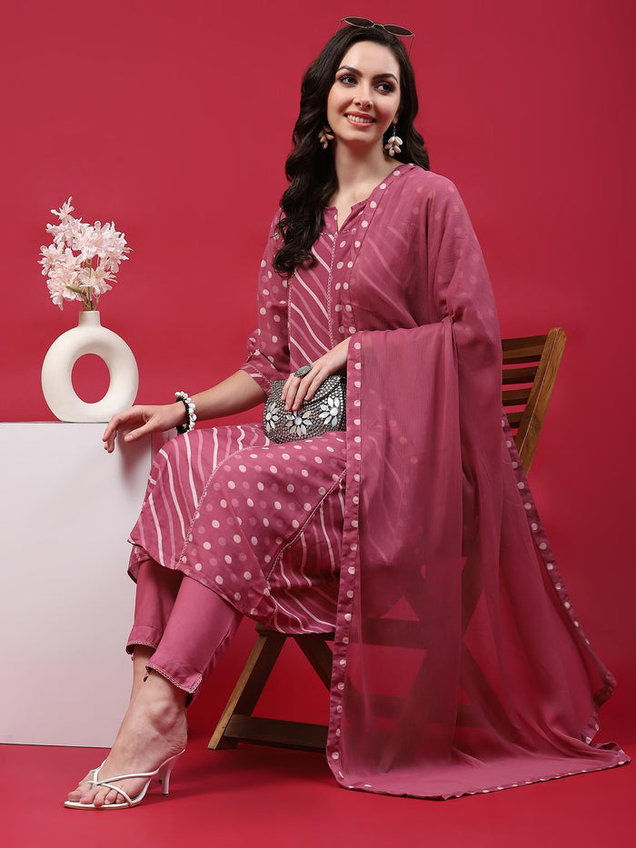 Women Pink Printed Kurta Comfort Pant Dupatta.
