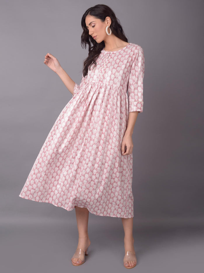 Women Pink Round Neck Dress.