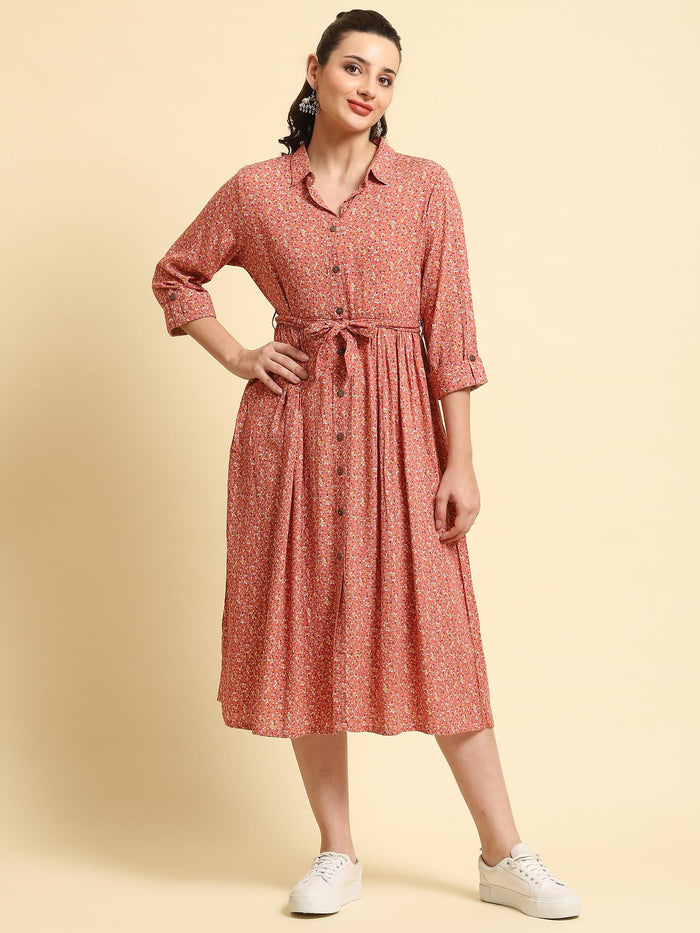 Women Pink Shirt Collar Printed Dress.