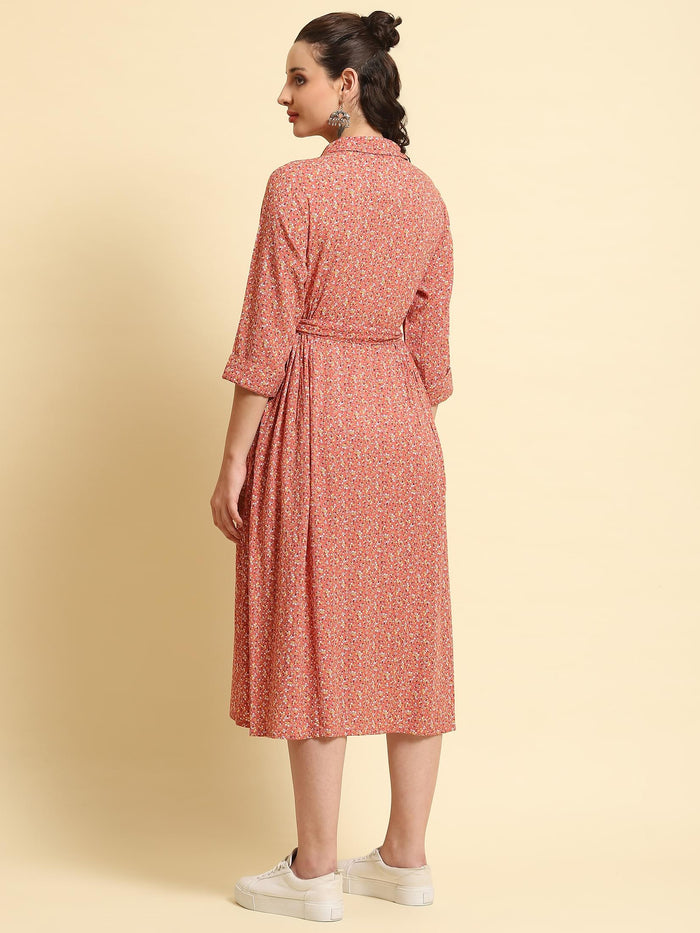Women Pink Shirt Collar Printed Dress.