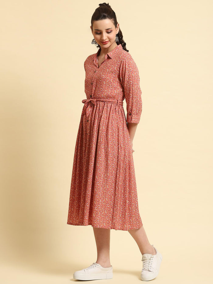 Women Pink Shirt Collar Printed Dress.