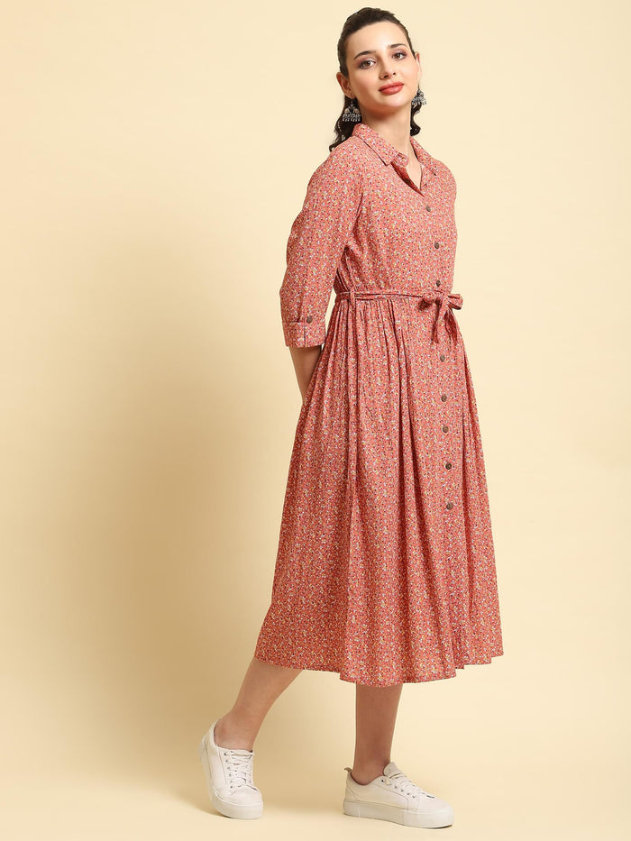 Women Pink Shirt Collar Printed Dress.