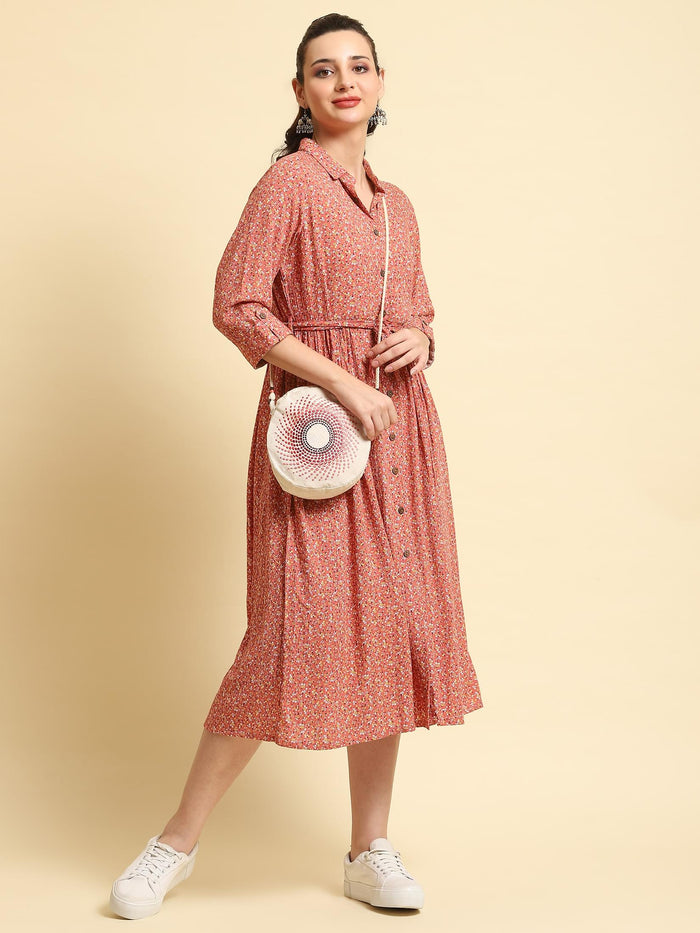 Women Pink Shirt Collar Printed Dress.