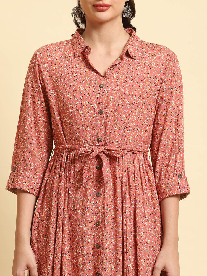 Women Pink Shirt Collar Printed Dress.