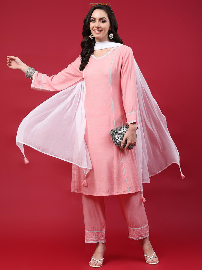 Women Pink Solid Kurta Comfort Pant Dupatta.