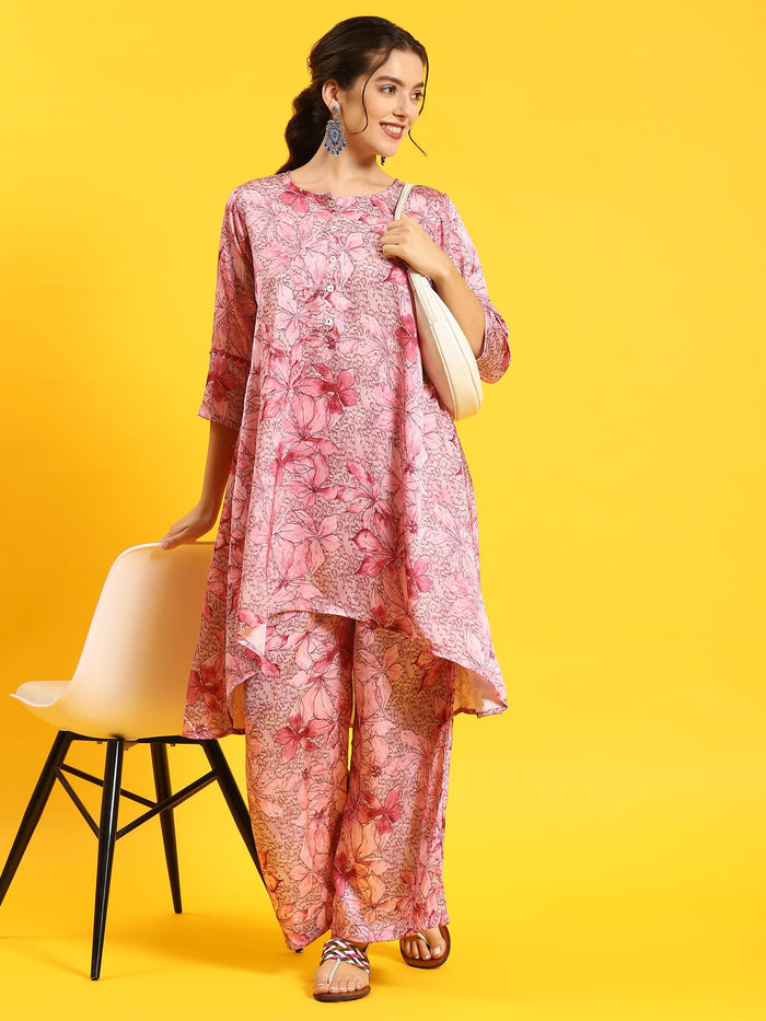 Women Pink Tropical Print Co-Ord Set.